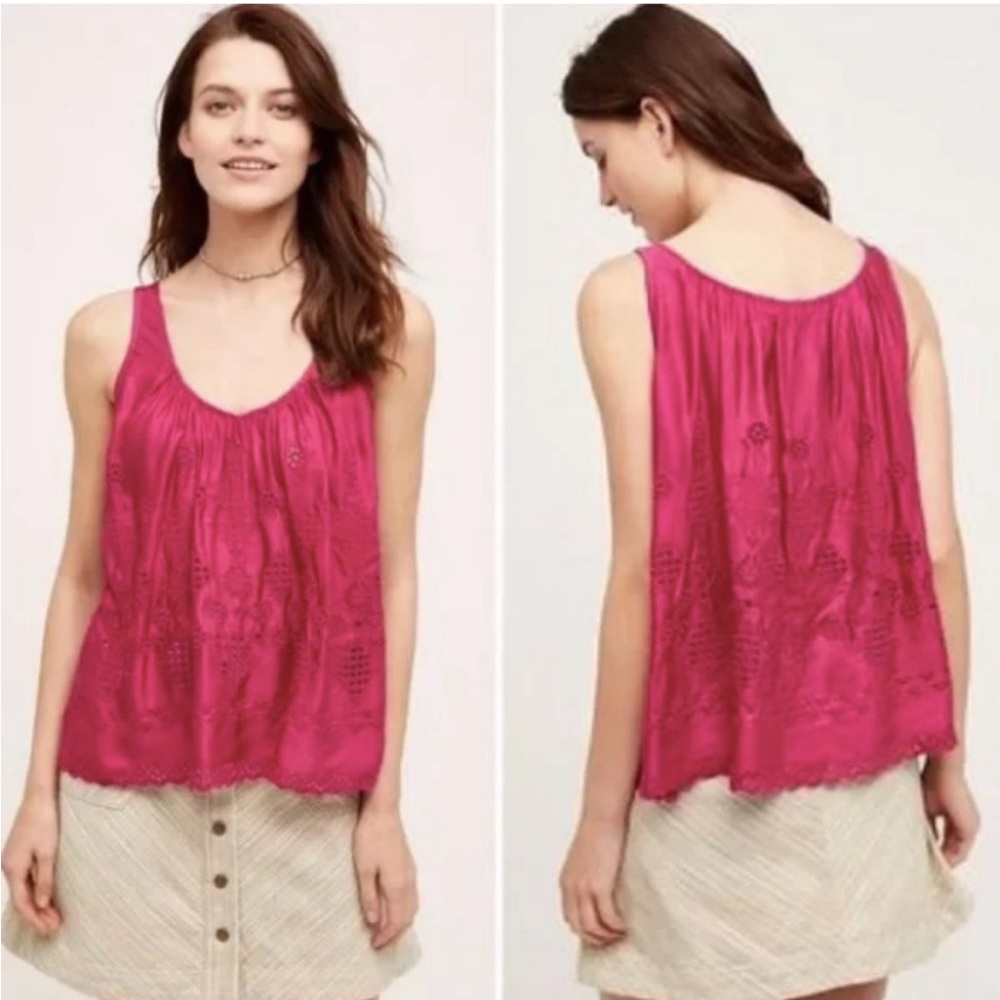 Anthropologie Vanessa Virginia Sadie Swing Top Eyelit Sz L / 8 Raspberry